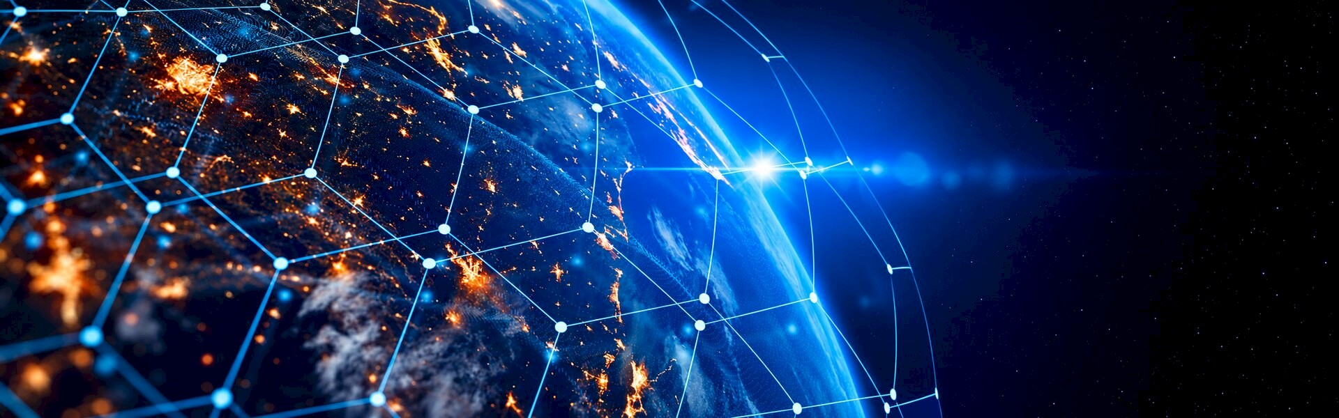 Digital globe with illuminated network connections representing global connectivity and data exchange.