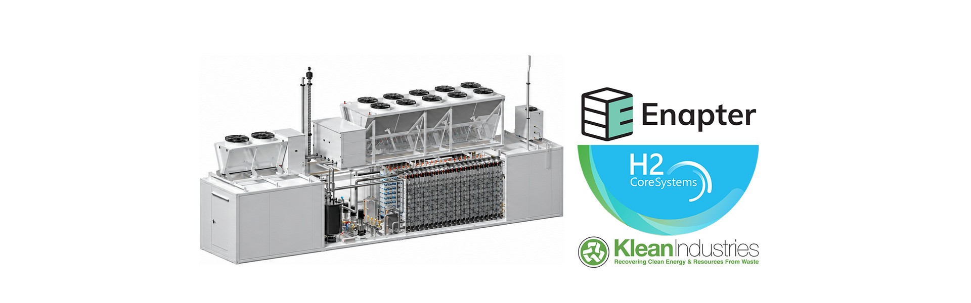Containerized hydrogen electrolyser beside Enapter, H2 CoreSystems and Klean Industries logos.