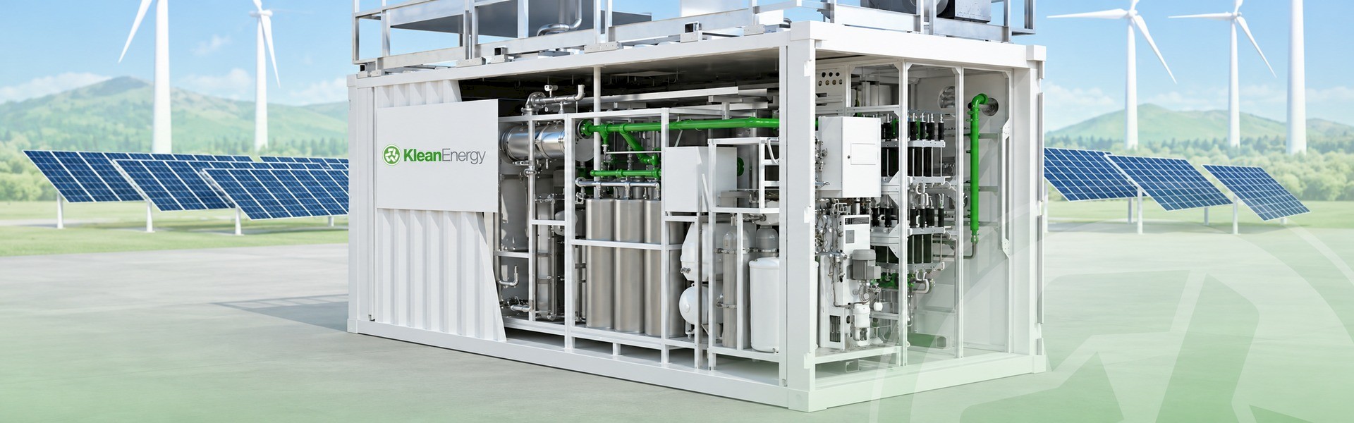 Concept rendering of a KleanEnergy containerized hydrogen system surrounded by solar panels and wind turbines.