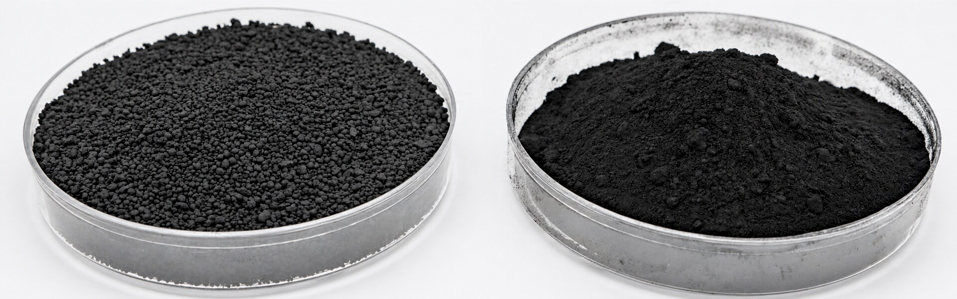 Recovered carbon black samples in two clear dishes, with pellets on the left and fine powder on the right.