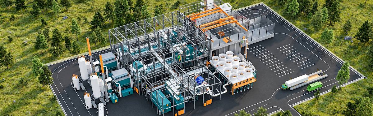 Aerial engineering rendering of a wasteWOIMA waste-to-energy plant showing processing equipment, cooling units and truck access.