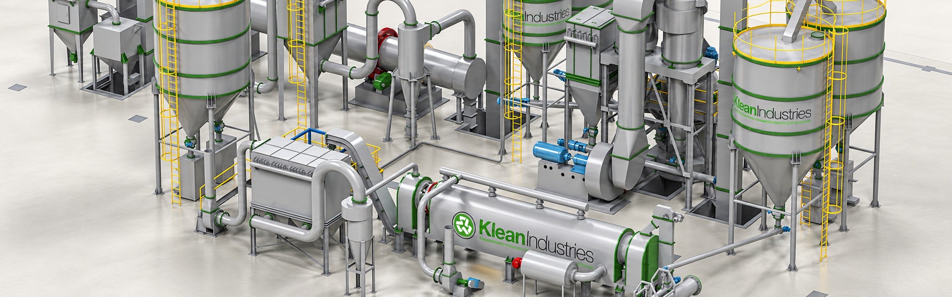 Rendering of Klean Industries’ recovered carbon black processing system with silos, conveyors and integrated upgrading equipment.