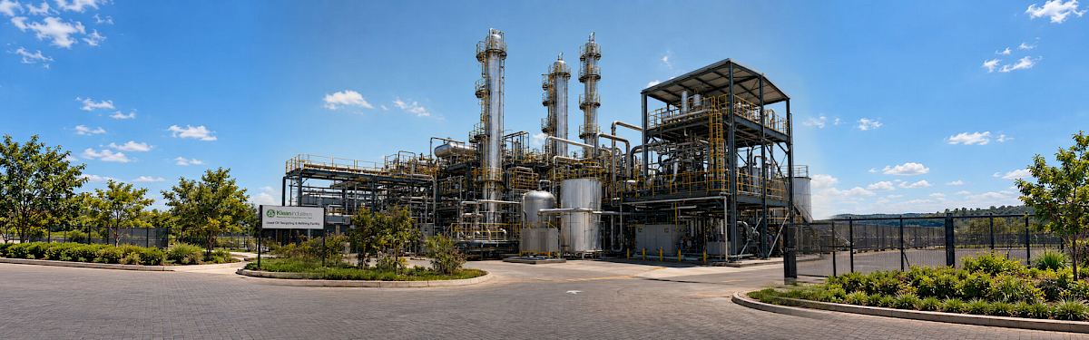 Klean Industries used oil recycling and refining facility, showing distillation towers, processing equipment and the entrance sign.