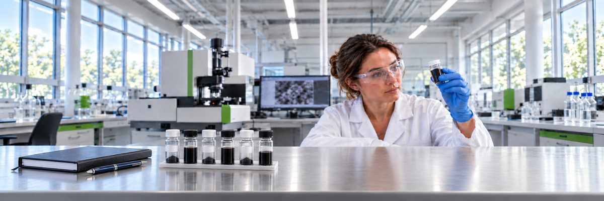 Researcher examining a carbon sample beside sealed vials of carbon powders and dispersions in a materials laboratory.