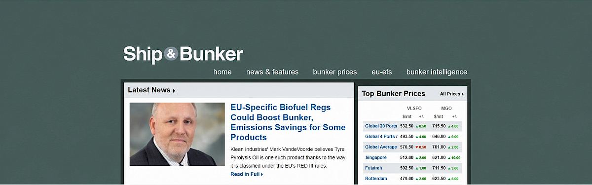 Ship & Bunker coverage featuring Klean Industries’ Mark VandeVoorde discussing tyre pyrolysis oil and EU biofuel regulations.