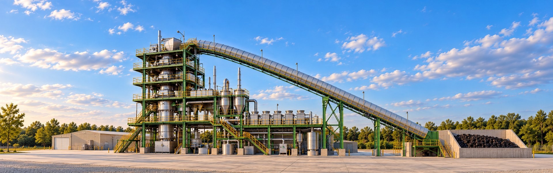 Illustrative reconstruction of Klean's whole tire hybrid gasification and pyrolysis system, based on its engineering drawing and historical plant photographs.
