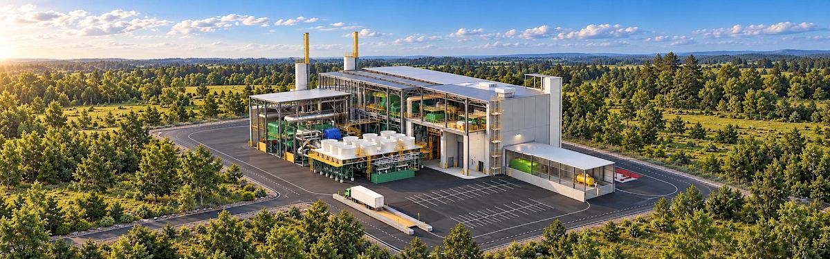 Architectural visualization of a modular waste-to-hydrogen facility, showing processing equipment, cooling fans and site access roads.