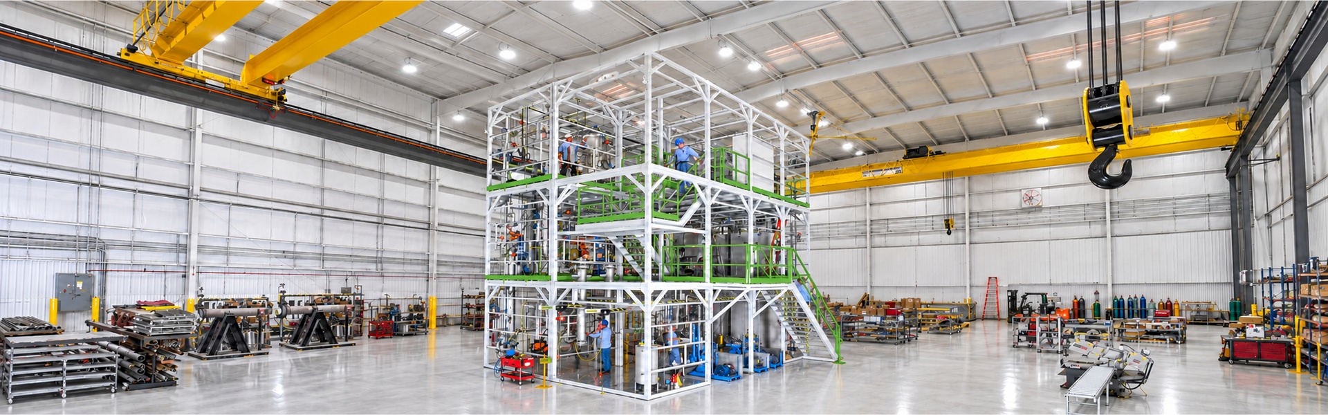 Three-level modular process unit with yellow access platforms and technicians inside a factory assembly hall.